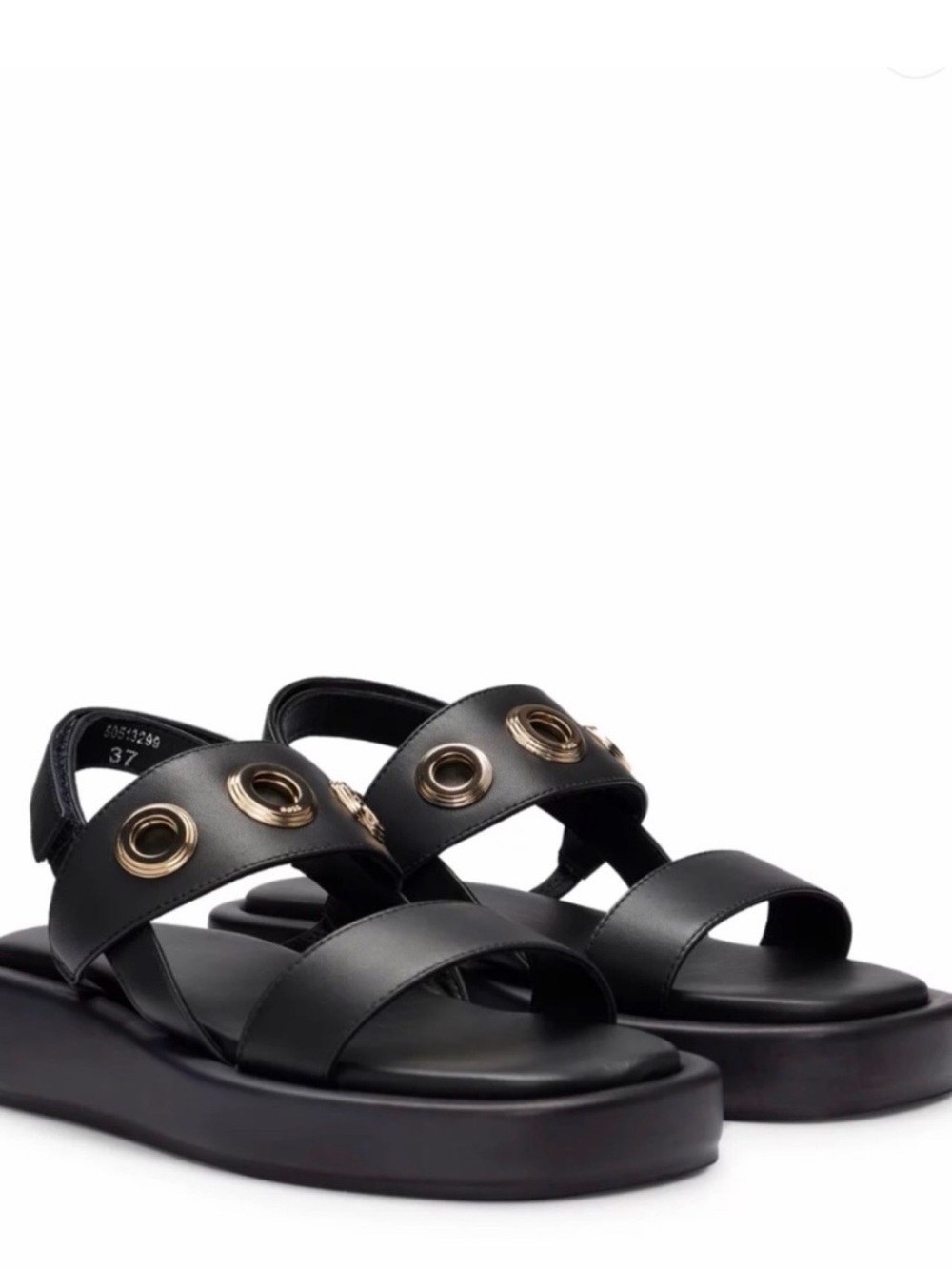 Boss Black Platform Sandals with Gold Grommet Accents